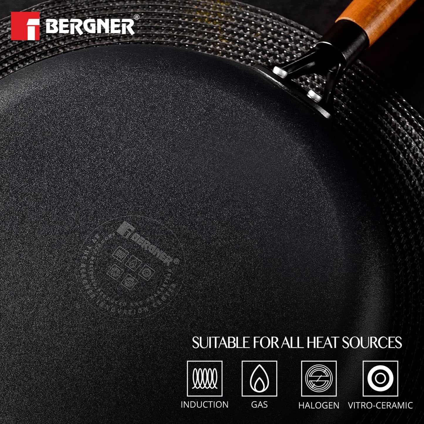 BERGNER Odin 28cm Cast Iron Round Grilled Pan with Glass Lid, Wooden Coated Handle, for Barbeque/Tikka/Kebab/Skewer/Sandwich/Grilled Wrap, Rust Proof Coating - Induction Bottom and Gas Stove Ready