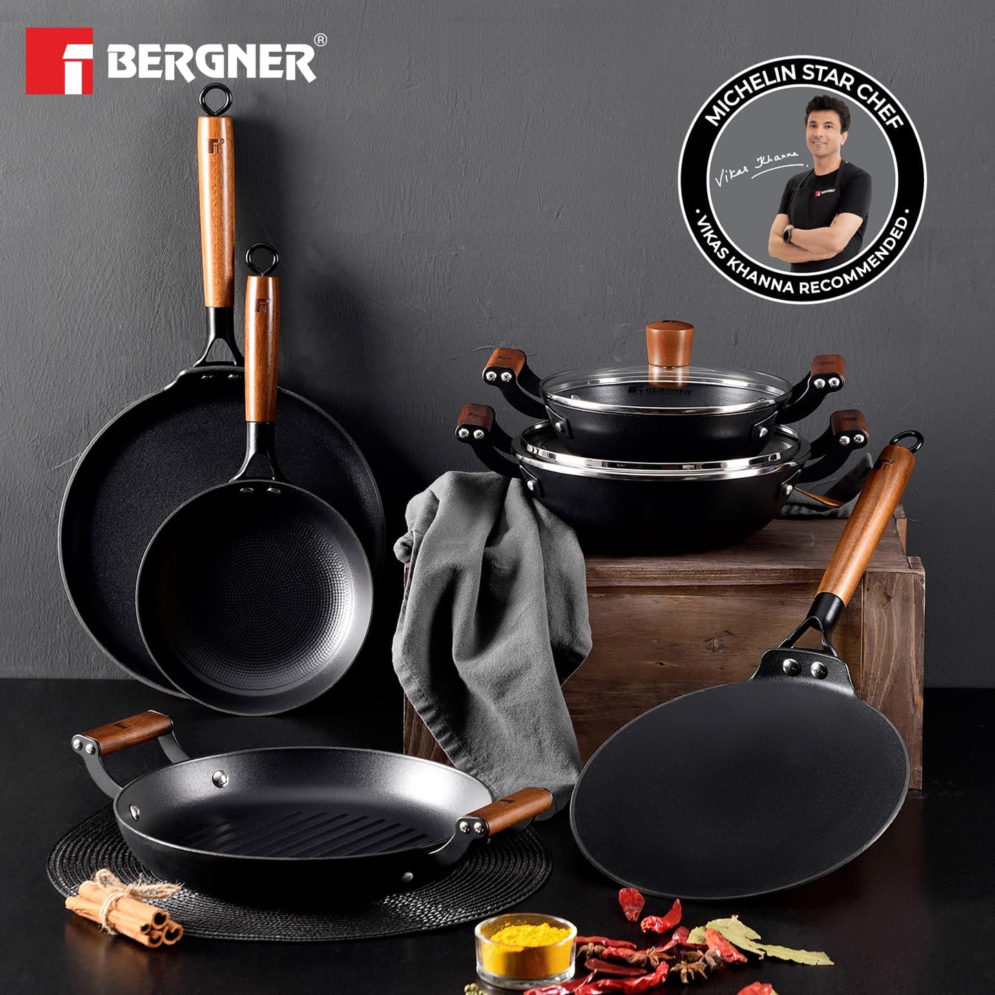 BERGNER Odin Cast Iron Frypan, Pre-Seasoned, for Searing/Browning/Frying/Sauteing/Serve, Enamel Finish, Rust Proof Lightweight Iron, Metal Spatula Safe, Induction Bottom and Gas Stove Ready