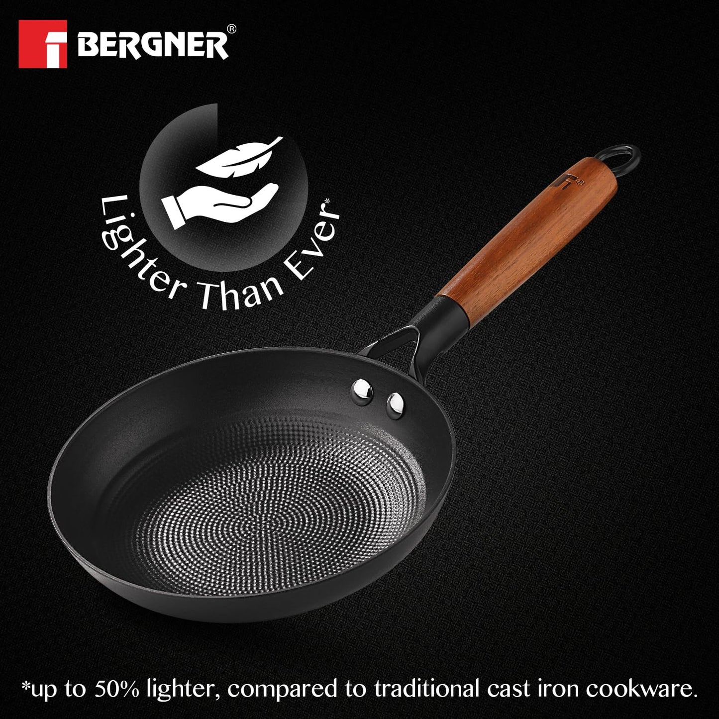 BERGNER Odin Cast Iron Frypan, Pre-Seasoned, for Searing/Browning/Frying/Sauteing/Serve, Enamel Finish, Rust Proof Lightweight Iron, Metal Spatula Safe, Induction Bottom and Gas Stove Ready