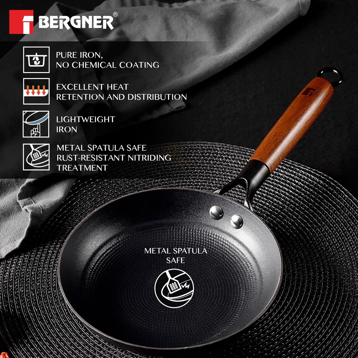 BERGNER Odin Cast Iron Frypan, Pre-Seasoned, for Searing/Browning/Frying/Sauteing/Serve, Enamel Finish, Rust Proof Lightweight Iron, Metal Spatula Safe, Induction Bottom and Gas Stove Ready