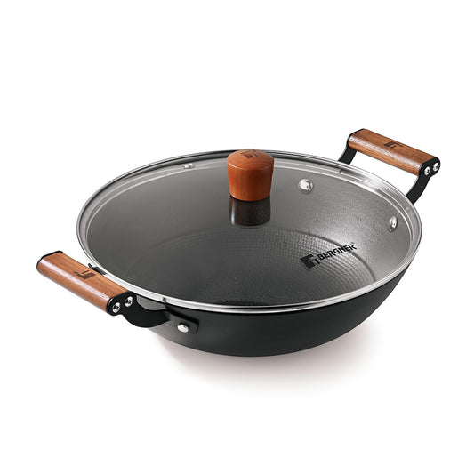 Bergner Odin Cast Iron Kadai/Kadhai with Glass Lid, For Deep-Fry/Stir-Fry/Curry/Roast/Grill/Serving, Lightweight and Rust Proof Iron, Enamel Finish, Induction and Gas Stove Ready