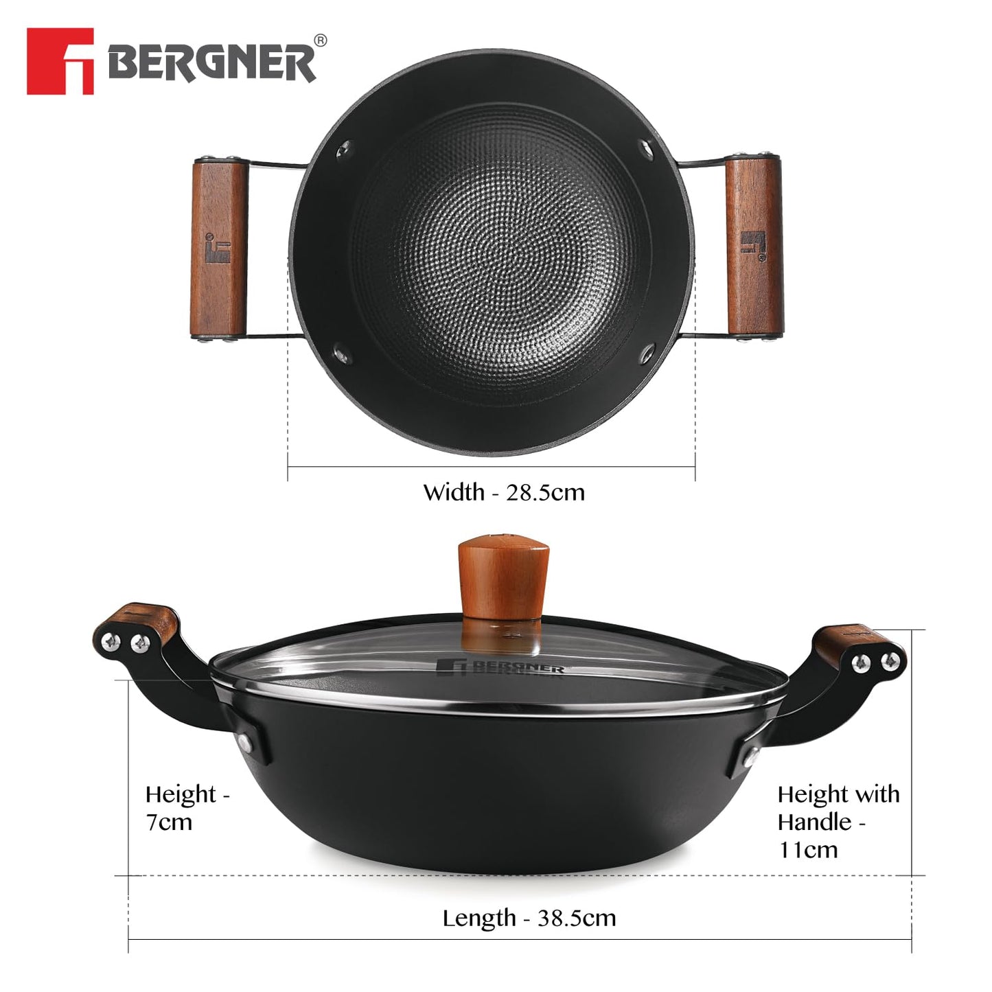 Bergner Odin Cast Iron Kadai/Kadhai with Glass Lid, For Deep-Fry/Stir-Fry/Curry/Roast/Grill/Serving, Lightweight and Rust Proof Iron, Enamel Finish, Induction and Gas Stove Ready