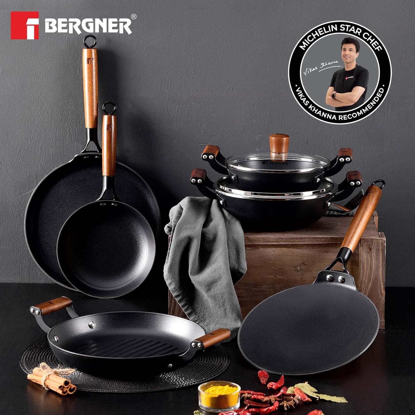 Bergner Odin Cast Iron Kadai/Kadhai with Glass Lid, For Deep-Fry/Stir-Fry/Curry/Roast/Grill/Serving, Lightweight and Rust Proof Iron, Enamel Finish, Induction and Gas Stove Ready