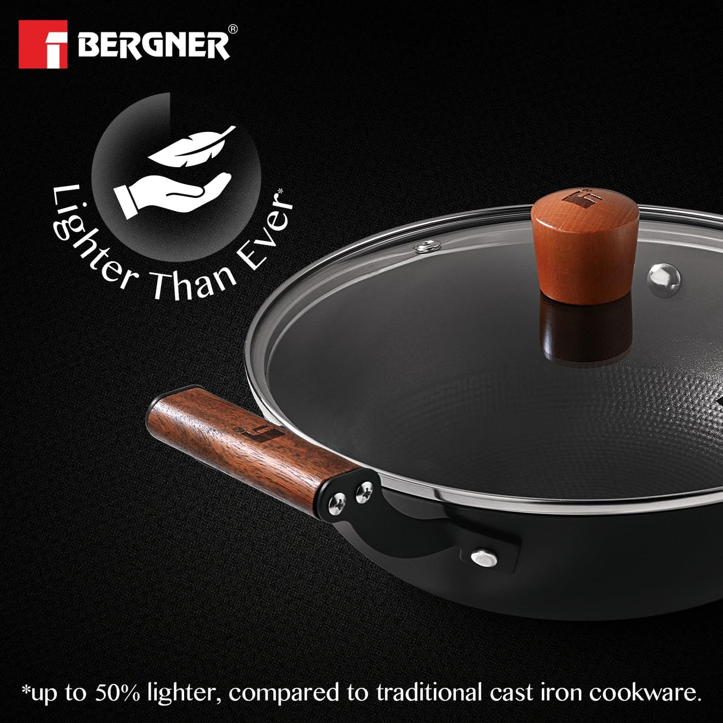 Bergner Odin Cast Iron Kadai/Kadhai with Glass Lid, For Deep-Fry/Stir-Fry/Curry/Roast/Grill/Serving, Lightweight and Rust Proof Iron, Enamel Finish, Induction and Gas Stove Ready