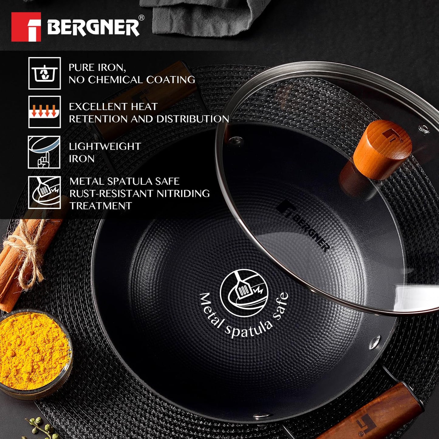 Bergner Odin Cast Iron Kadai/Kadhai with Glass Lid, For Deep-Fry/Stir-Fry/Curry/Roast/Grill/Serving, Lightweight and Rust Proof Iron, Enamel Finish, Induction and Gas Stove Ready