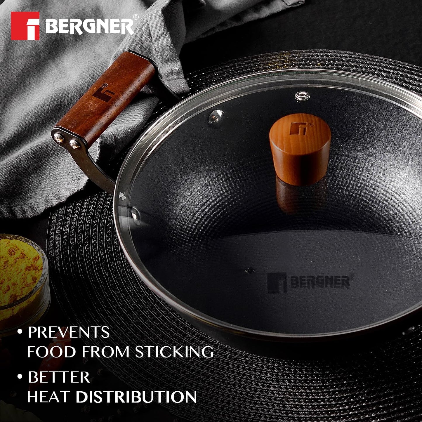 Bergner Odin Cast Iron Kadai/Kadhai with Glass Lid, For Deep-Fry/Stir-Fry/Curry/Roast/Grill/Serving, Lightweight and Rust Proof Iron, Enamel Finish, Induction and Gas Stove Ready