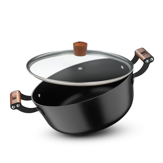 Bergner Odin Cast Iron Casserole with Glass Lid, Biryani Handi Pot For Cooking, Heavy Bottom, Lightweight and Rust Proof Coating, Enamel Finish - Induction Bottom and Gas Stove Ready