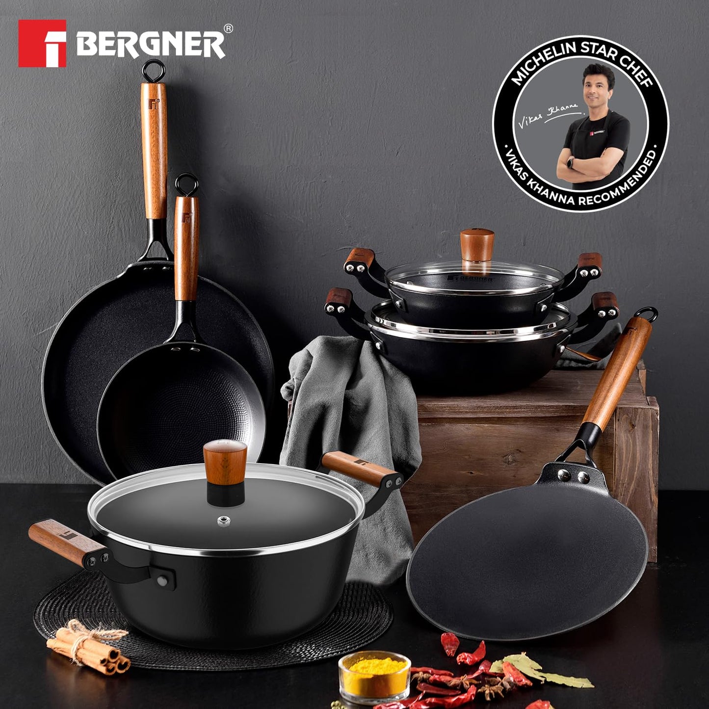 Bergner Odin Cast Iron Casserole with Glass Lid, Biryani Handi Pot For Cooking, Heavy Bottom, Lightweight and Rust Proof Coating, Enamel Finish - Induction Bottom and Gas Stove Ready