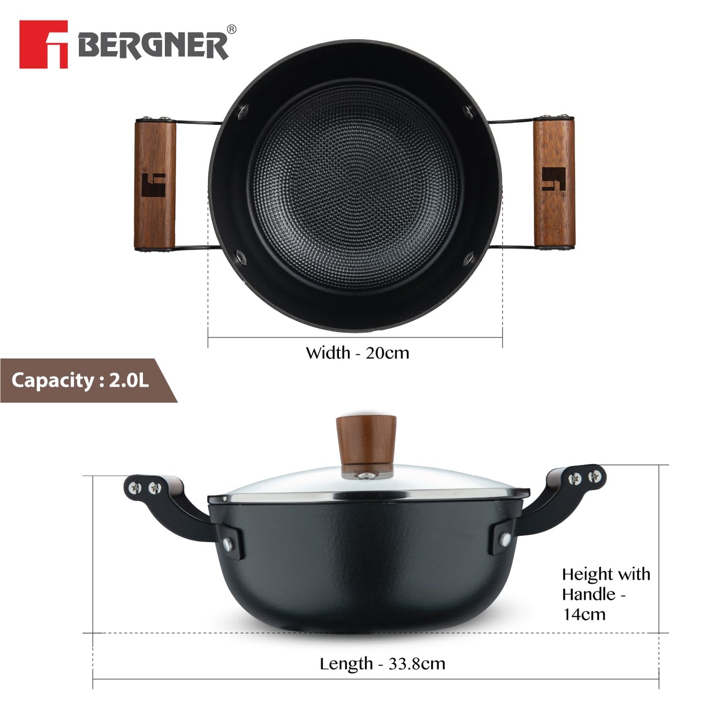 Bergner Odin Cast Iron Casserole with Glass Lid, Biryani Handi Pot For Cooking, Heavy Bottom, Lightweight and Rust Proof Coating, Enamel Finish - Induction Bottom and Gas Stove Ready