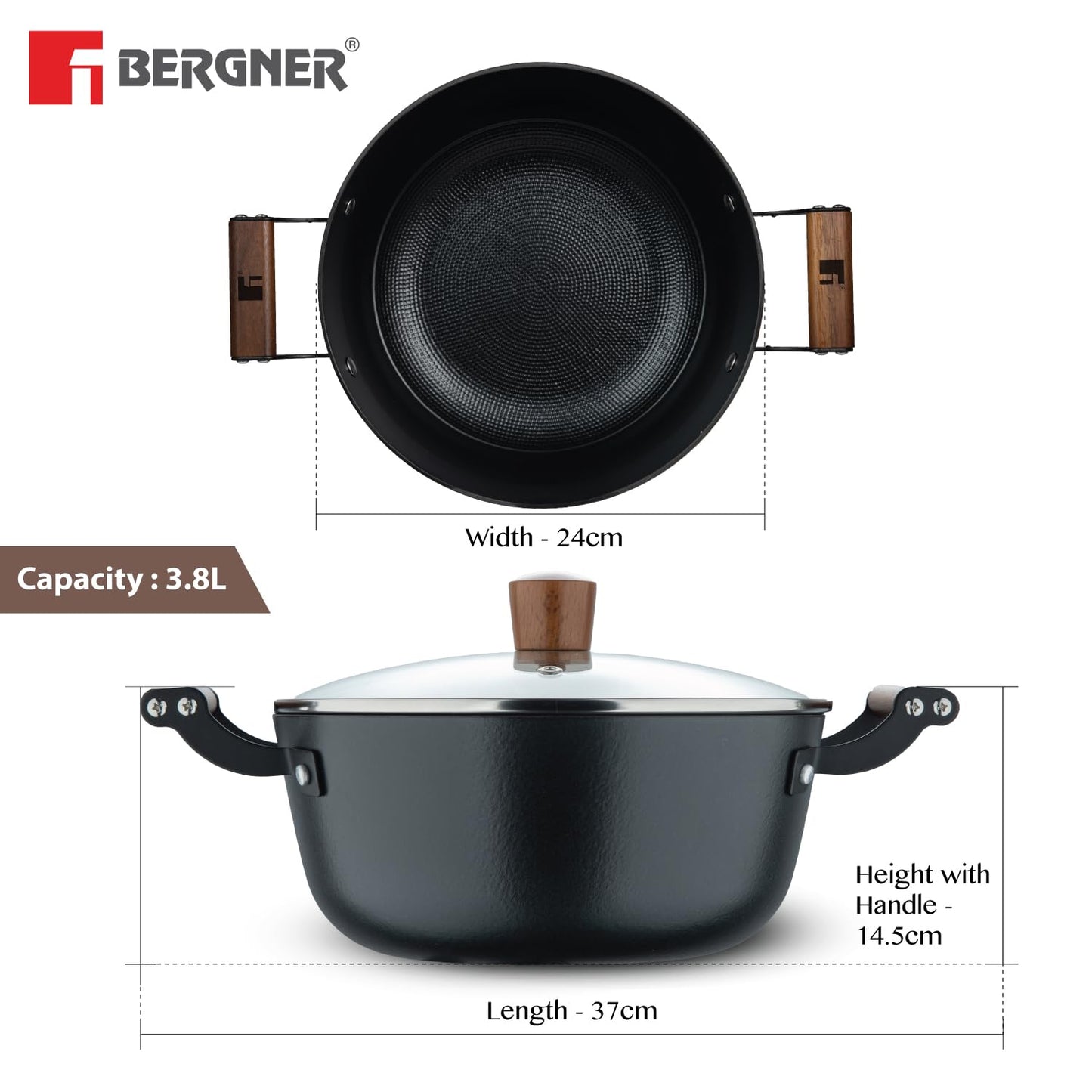 Bergner Odin Cast Iron Casserole with Glass Lid, Biryani Handi Pot For Cooking, Heavy Bottom, Lightweight and Rust Proof Coating, Enamel Finish - Induction Bottom and Gas Stove Ready