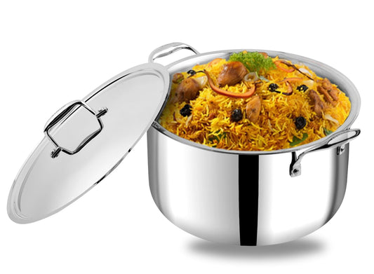 Vinod Platinum Triply Stainless Steel Biryani Pot with Lid - 11 Litre, 30 cm | Heavy Bottom | Riveted Handle| Cooking Pot | Induction and Gas Base | 5 Year Warranty - Silver