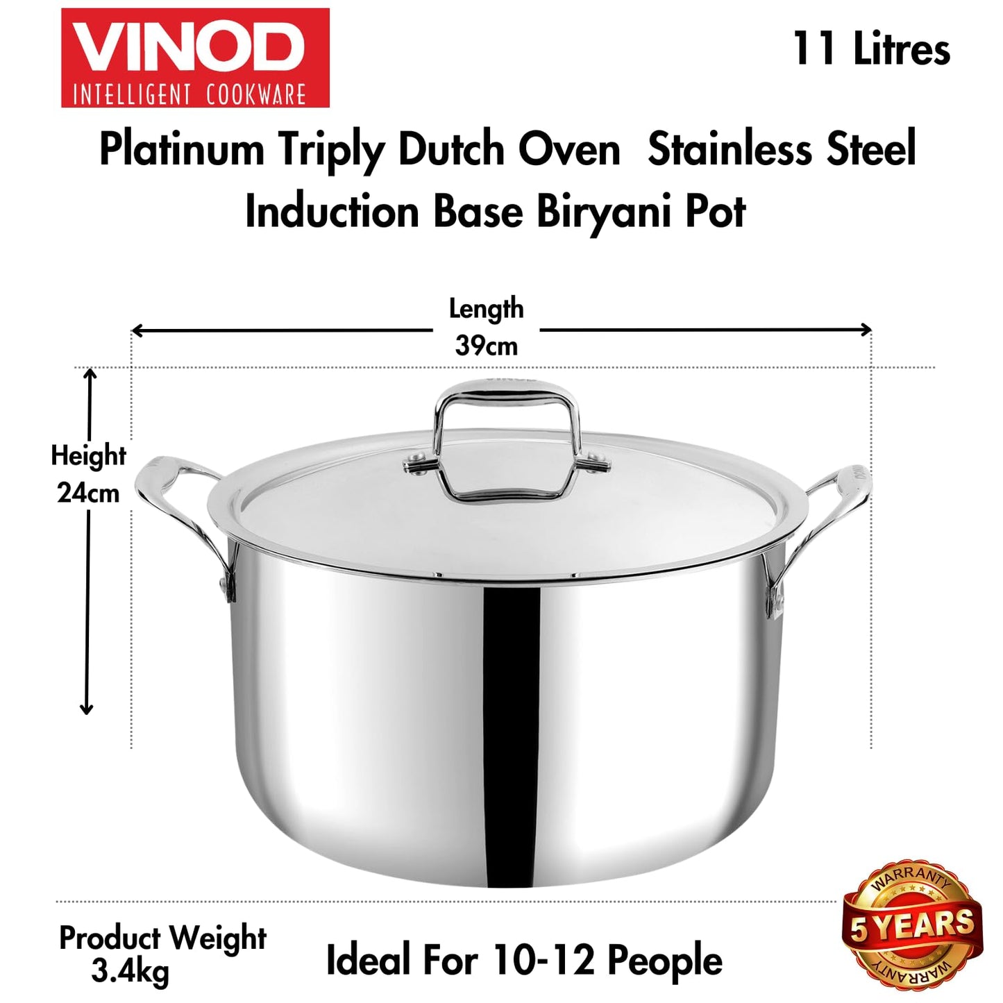 Vinod Platinum Triply Stainless Steel Biryani Pot with Lid - 11 Litre, 30 cm | Heavy Bottom | Riveted Handle| Cooking Pot | Induction and Gas Base | 5 Year Warranty - Silver