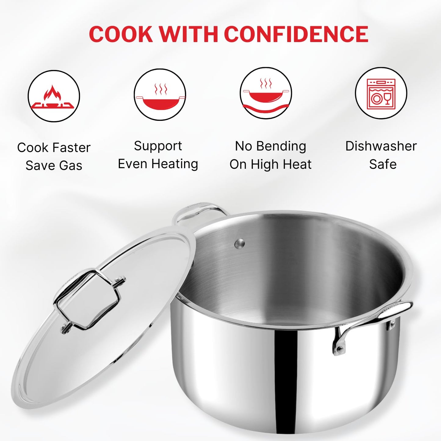 Vinod Platinum Triply Stainless Steel Biryani Pot with Lid - 11 Litre, 30 cm | Heavy Bottom | Riveted Handle| Cooking Pot | Induction and Gas Base | 5 Year Warranty - Silver