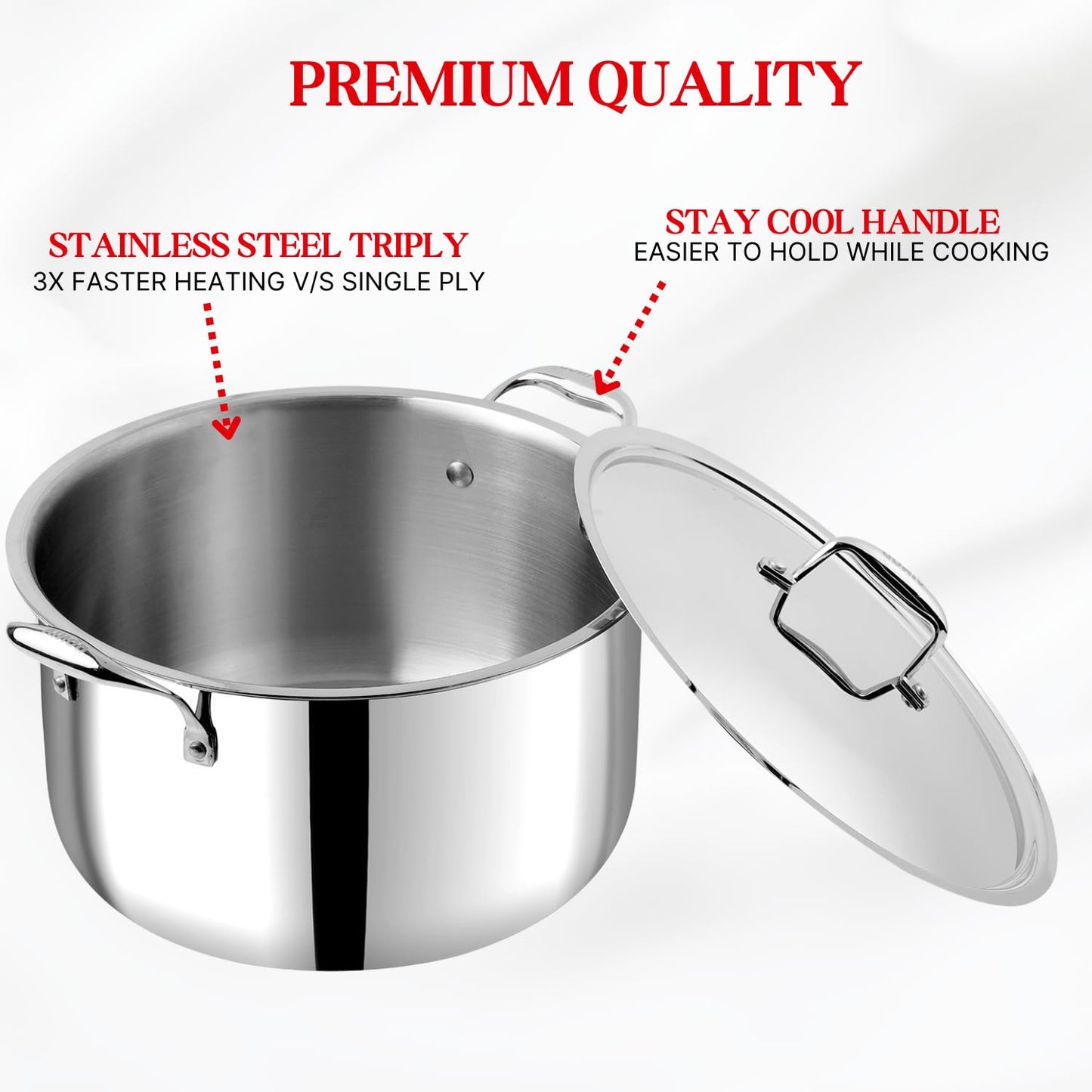 Vinod Platinum Triply Stainless Steel Biryani Pot with Lid - 11 Litre, 30 cm | Heavy Bottom | Riveted Handle| Cooking Pot | Induction and Gas Base | 5 Year Warranty - Silver