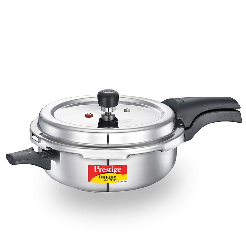 Prestige  Svachh Deluxe Alpha Pressure Pan stainless steel|Outer lid|Deep lid for spillage control|Gas & induction compatible|Silver|10 years warranty