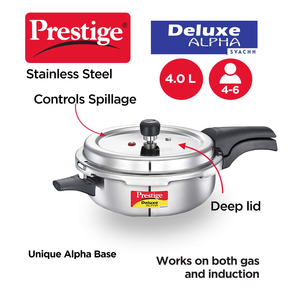 Prestige  Svachh Deluxe Alpha Pressure Pan stainless steel|Outer lid|Deep lid for spillage control|Gas & induction compatible|Silver|10 years warranty