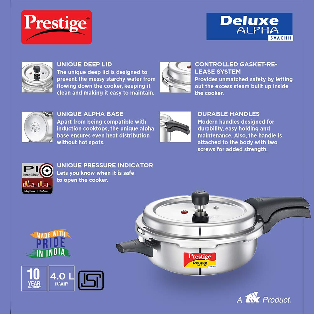 Prestige  Svachh Deluxe Alpha Pressure Pan stainless steel|Outer lid|Deep lid for spillage control|Gas & induction compatible|Silver|10 years warranty