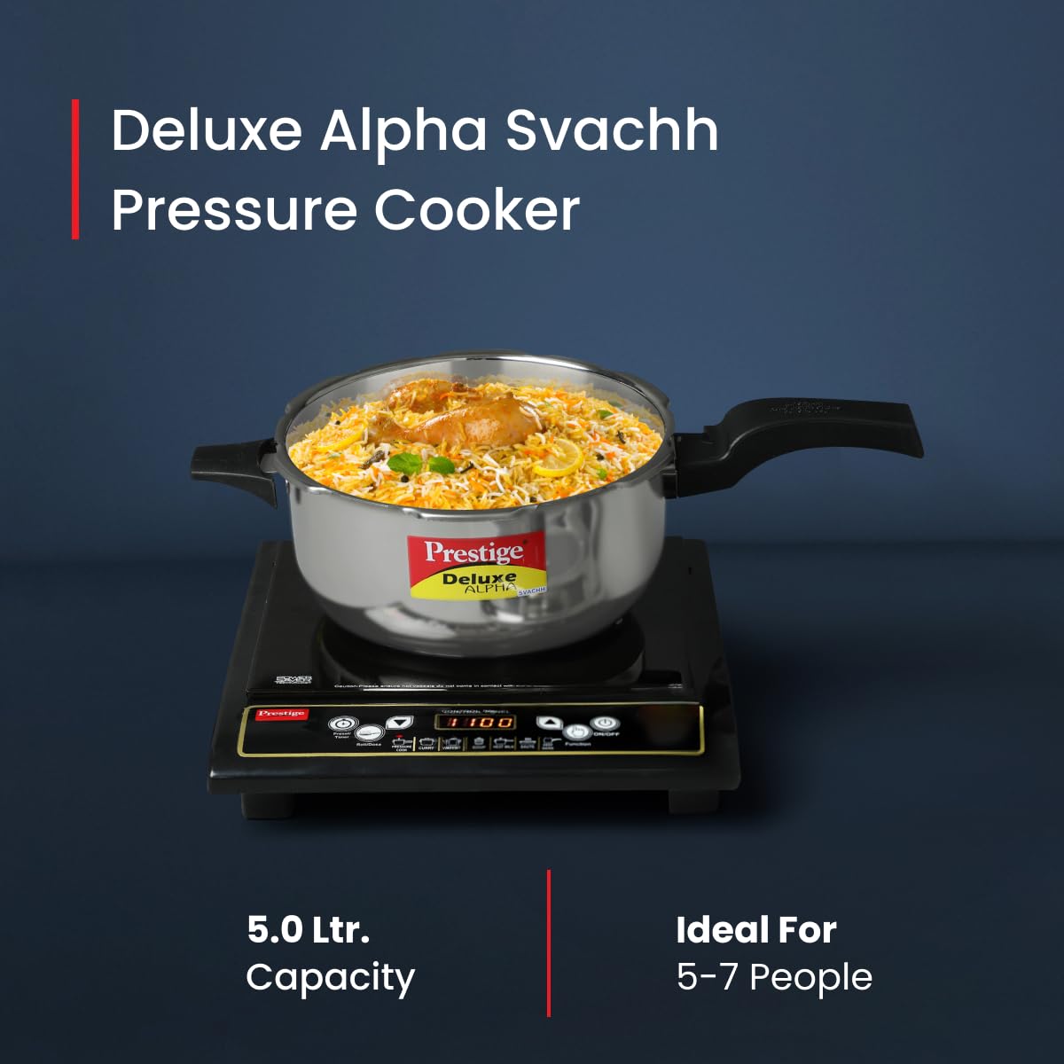 Prestige  Svachh Deluxe Alpha Pressure Pan stainless steel|Outer lid|Deep lid for spillage control|Gas & induction compatible|Silver|10 years warranty