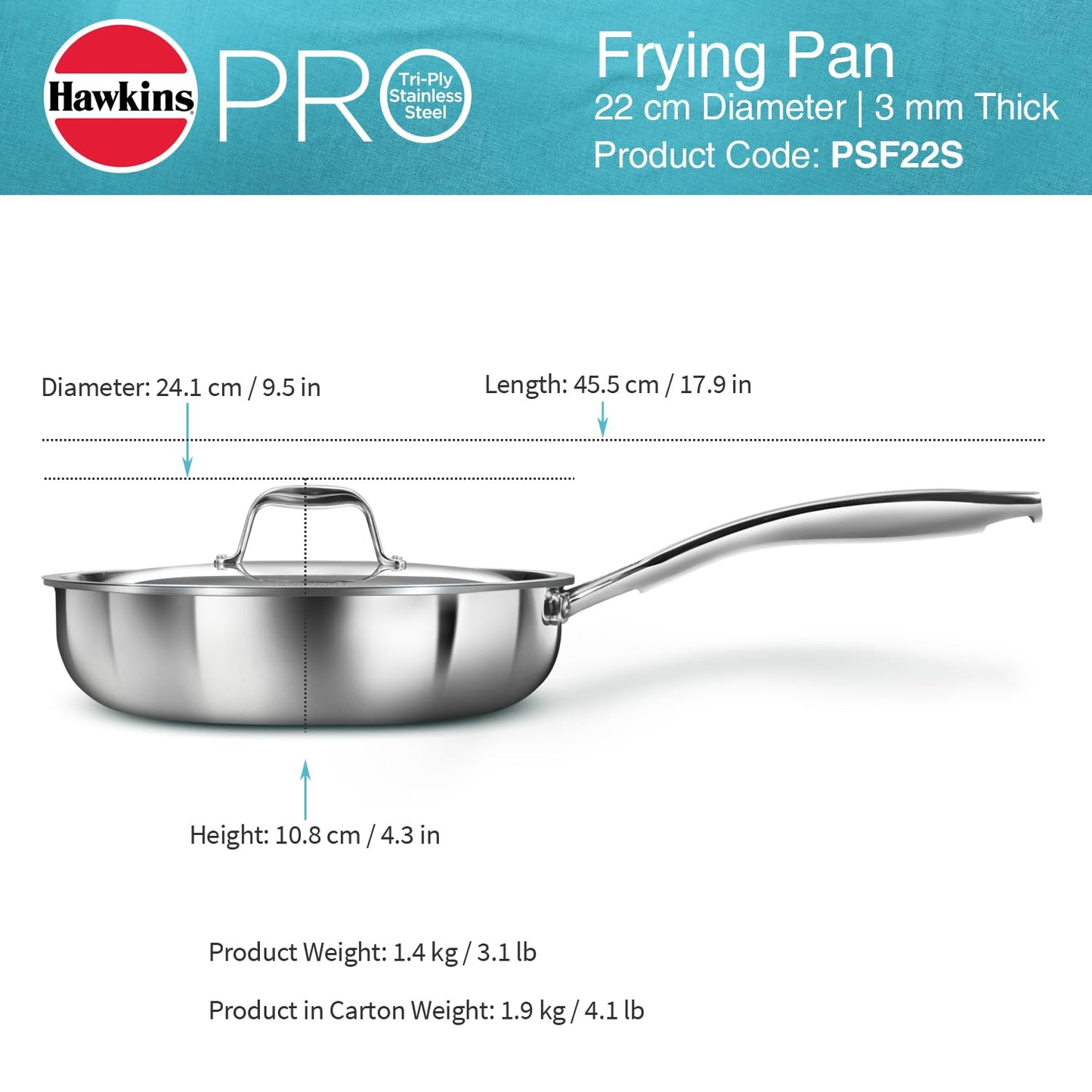 HawkinsTriply Stainless Steel Fry Pan with Stainless Steel Handle and Stainless Steel Lid, Silver