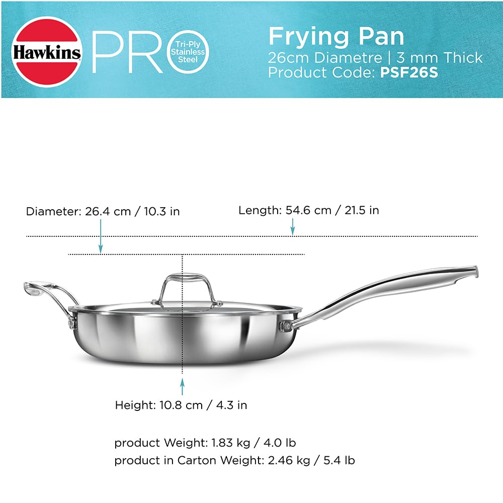 HawkinsTriply Stainless Steel Fry Pan with Stainless Steel Handle and Stainless Steel Lid, Silver