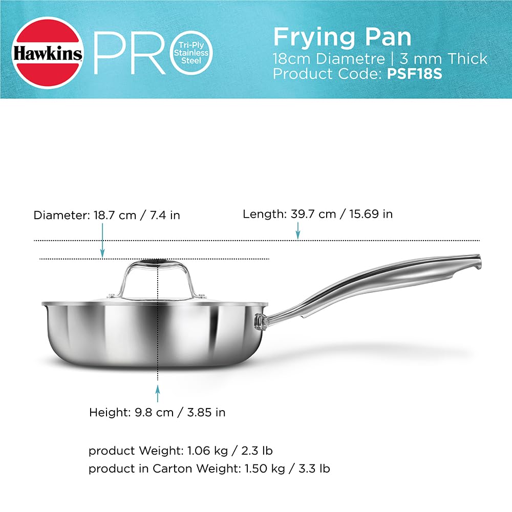 HawkinsTriply Stainless Steel Fry Pan with Stainless Steel Handle and Stainless Steel Lid, Silver