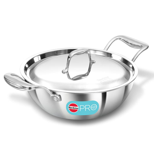 Hawkins Pro 2.5 Litre Deep-Fry Pan, Triply Stainless Steel Kadhai with Stainless Steel Handles and Stainless Steel Lid, Silver (PSK25S)