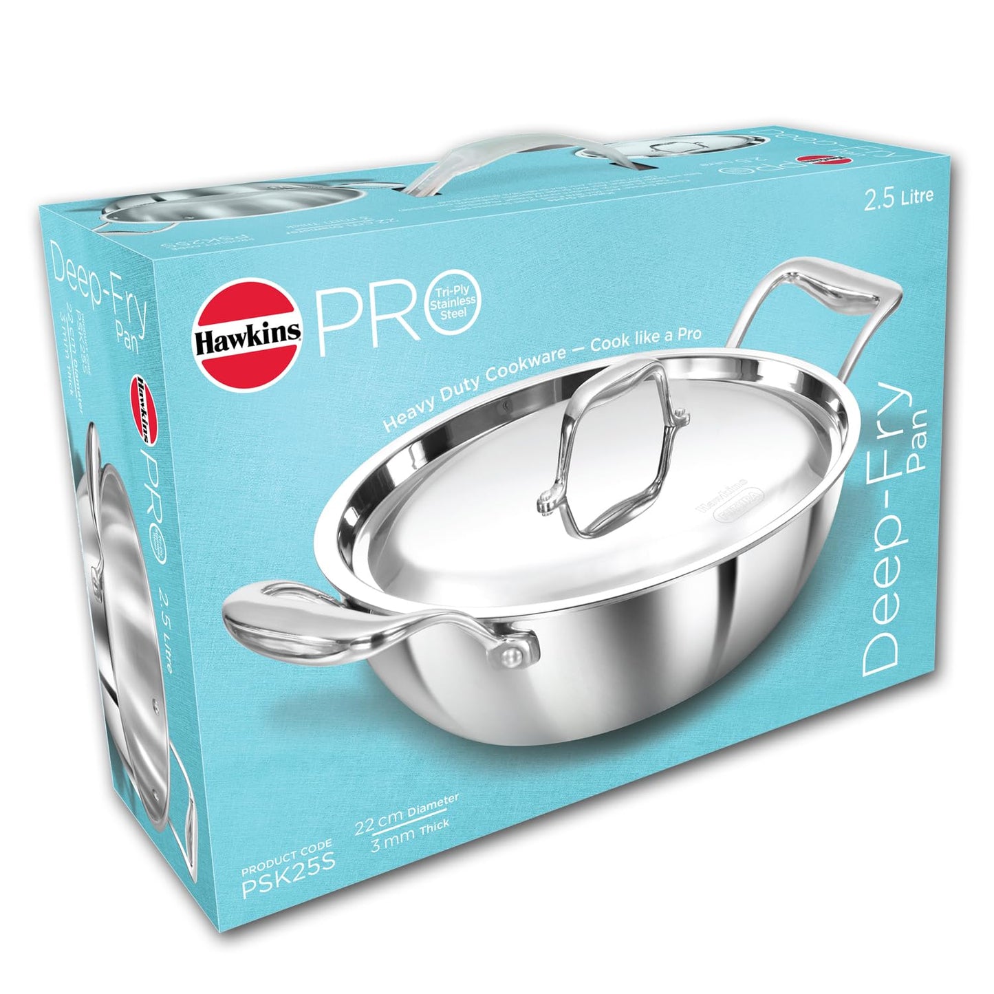 Hawkins Pro 2.5 Litre Deep-Fry Pan, Triply Stainless Steel Kadhai with Stainless Steel Handles and Stainless Steel Lid, Silver (PSK25S)