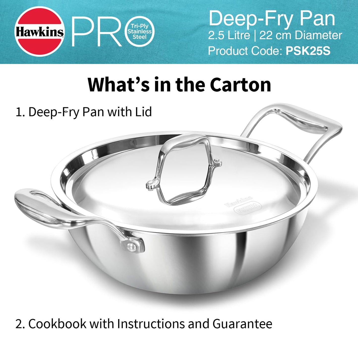 Hawkins Pro 2.5 Litre Deep-Fry Pan, Triply Stainless Steel Kadhai with Stainless Steel Handles and Stainless Steel Lid, Silver (PSK25S)