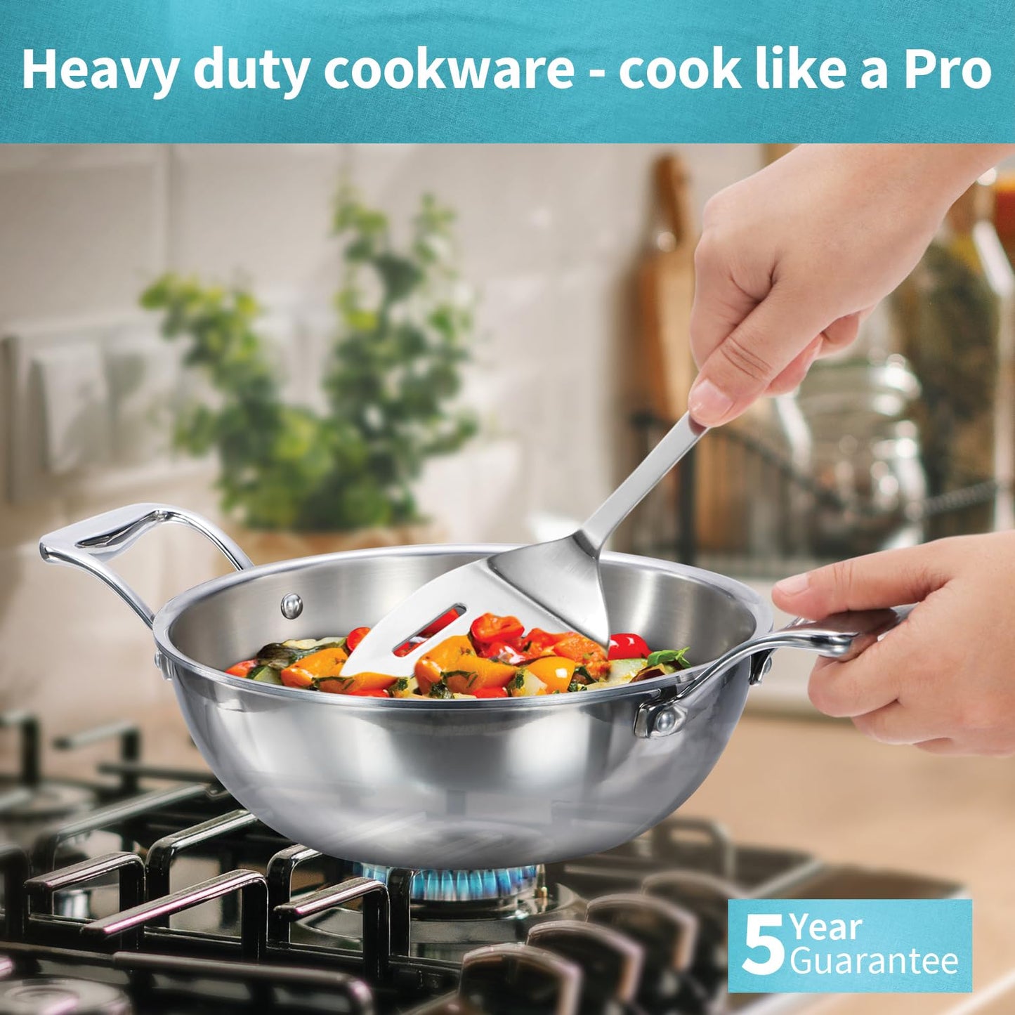 Hawkins Pro 2.5 Litre Deep-Fry Pan, Triply Stainless Steel Kadhai with Stainless Steel Handles and Stainless Steel Lid, Silver (PSK25S)