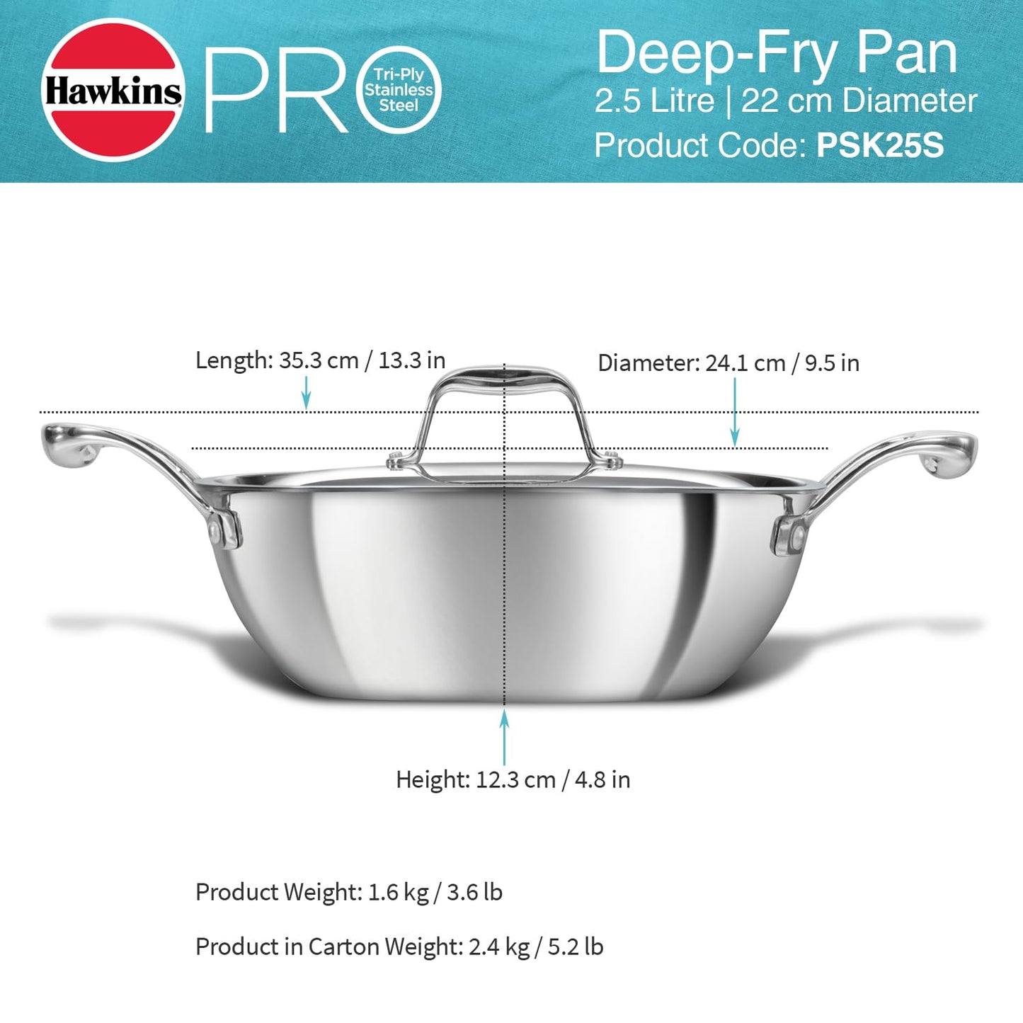 Hawkins Pro 2.5 Litre Deep-Fry Pan, Triply Stainless Steel Kadhai with Stainless Steel Handles and Stainless Steel Lid, Silver (PSK25S)