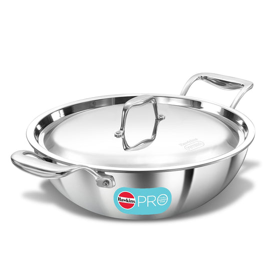 Hawkins Pro 3.5 Litre Deep-Fry Pan, Triply Stainless Steel Kadhai with Stainless Steel Handles and Stainless Steel Lid, Silver (PSK35S)