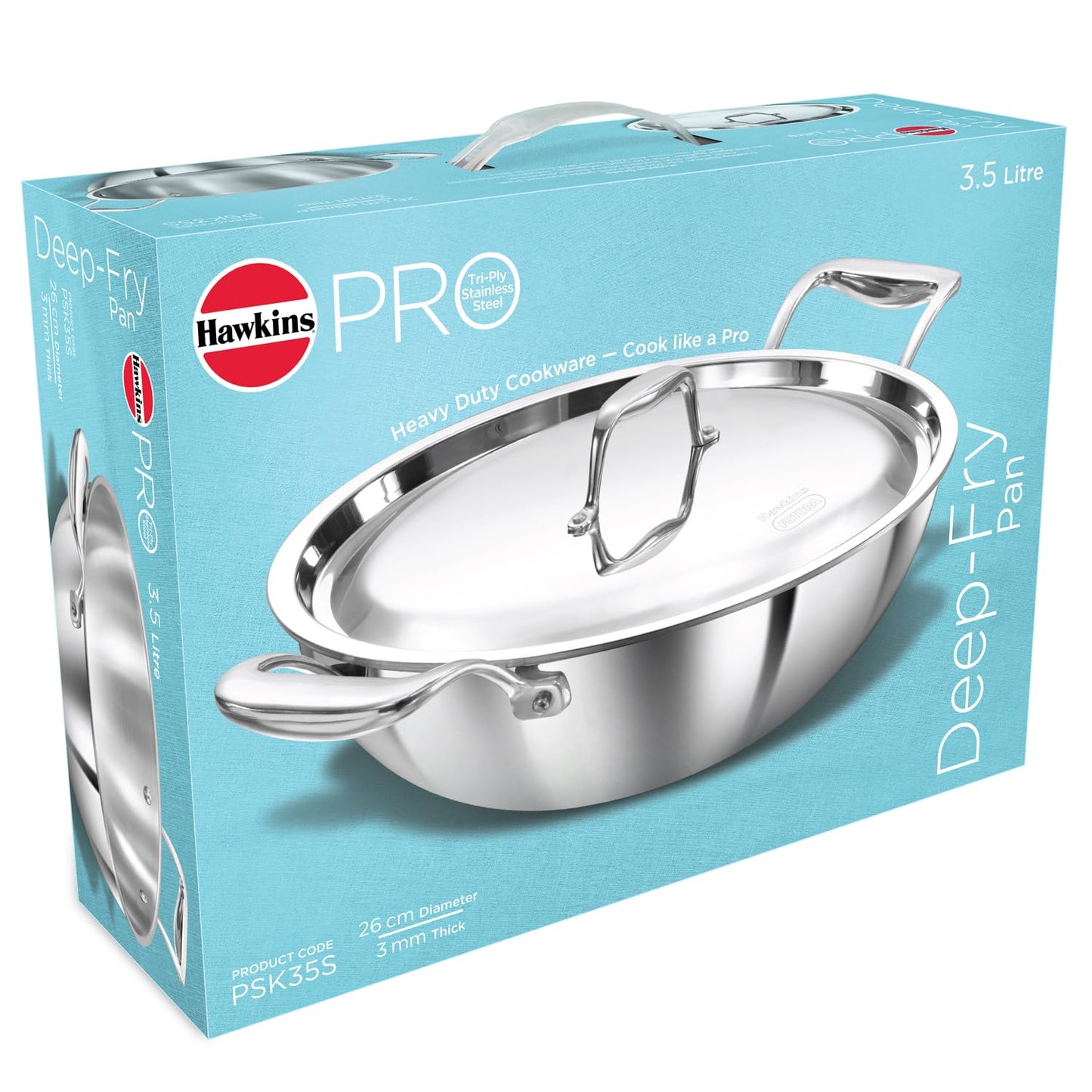 Hawkins Pro 3.5 Litre Deep-Fry Pan, Triply Stainless Steel Kadhai with Stainless Steel Handles and Stainless Steel Lid, Silver (PSK35S)