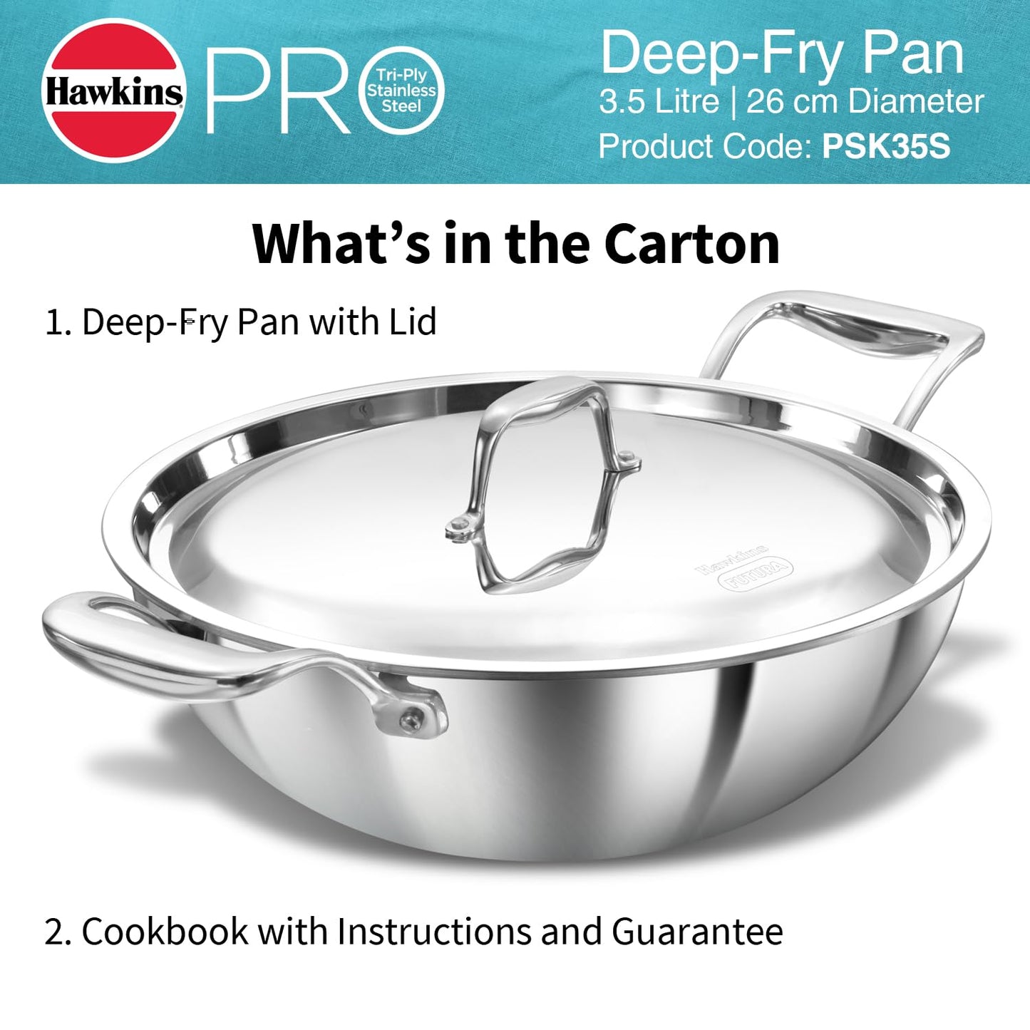 Hawkins Pro 3.5 Litre Deep-Fry Pan, Triply Stainless Steel Kadhai with Stainless Steel Handles and Stainless Steel Lid, Silver (PSK35S)