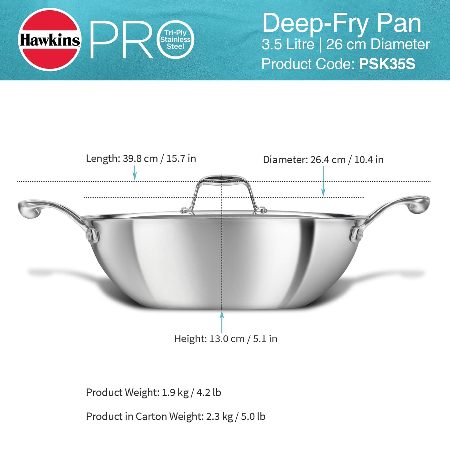 Hawkins Pro 3.5 Litre Deep-Fry Pan, Triply Stainless Steel Kadhai with Stainless Steel Handles and Stainless Steel Lid, Silver (PSK35S)