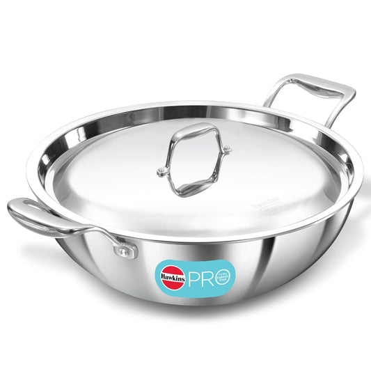 Hawkins Pro 6 Litre Deep-Fry Pan, Triply Stainless Steel Kadhai with Stainless Steel Handles and Stainless Steel Lid, Silver (PSK60S)