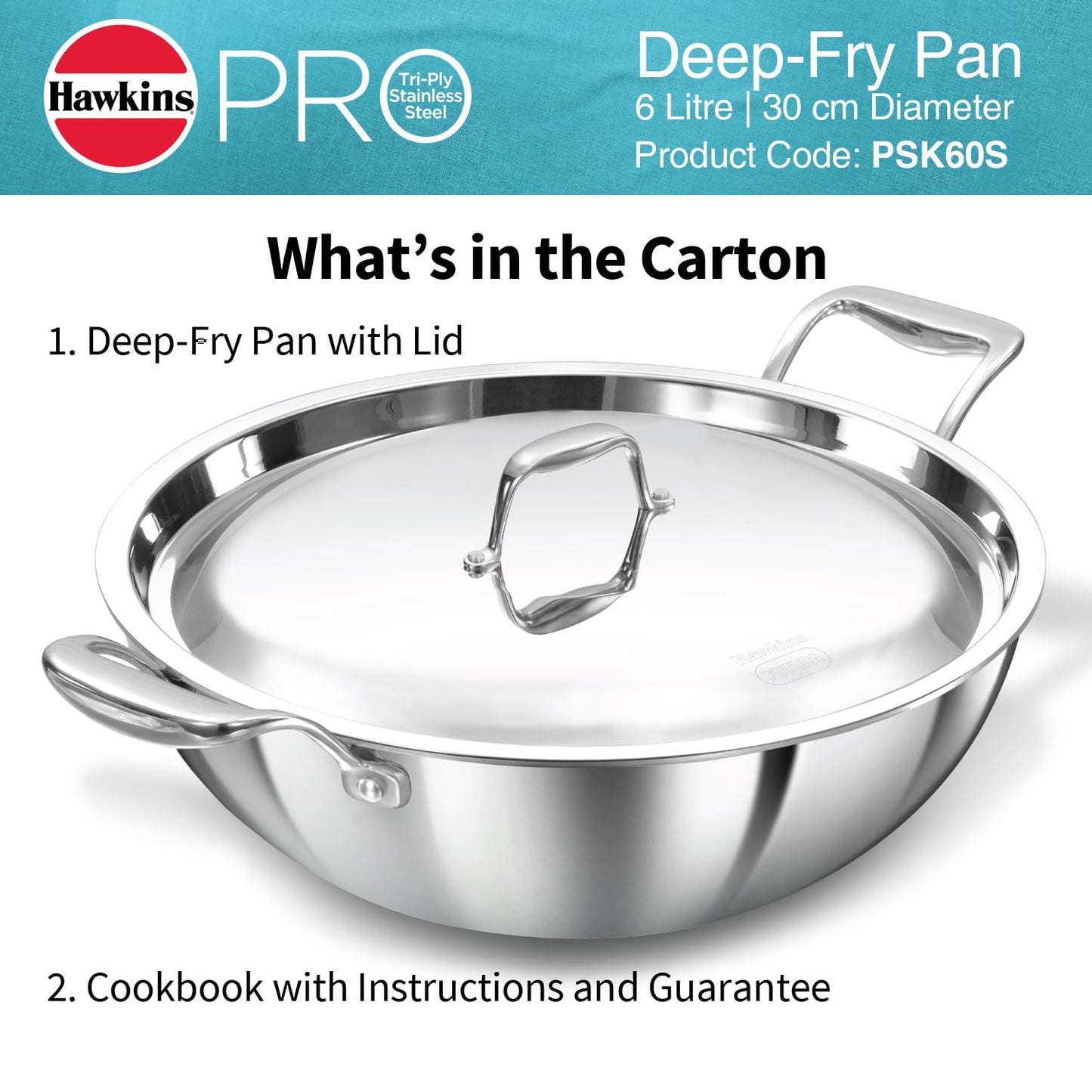 Hawkins Pro 6 Litre Deep-Fry Pan, Triply Stainless Steel Kadhai with Stainless Steel Handles and Stainless Steel Lid, Silver (PSK60S)