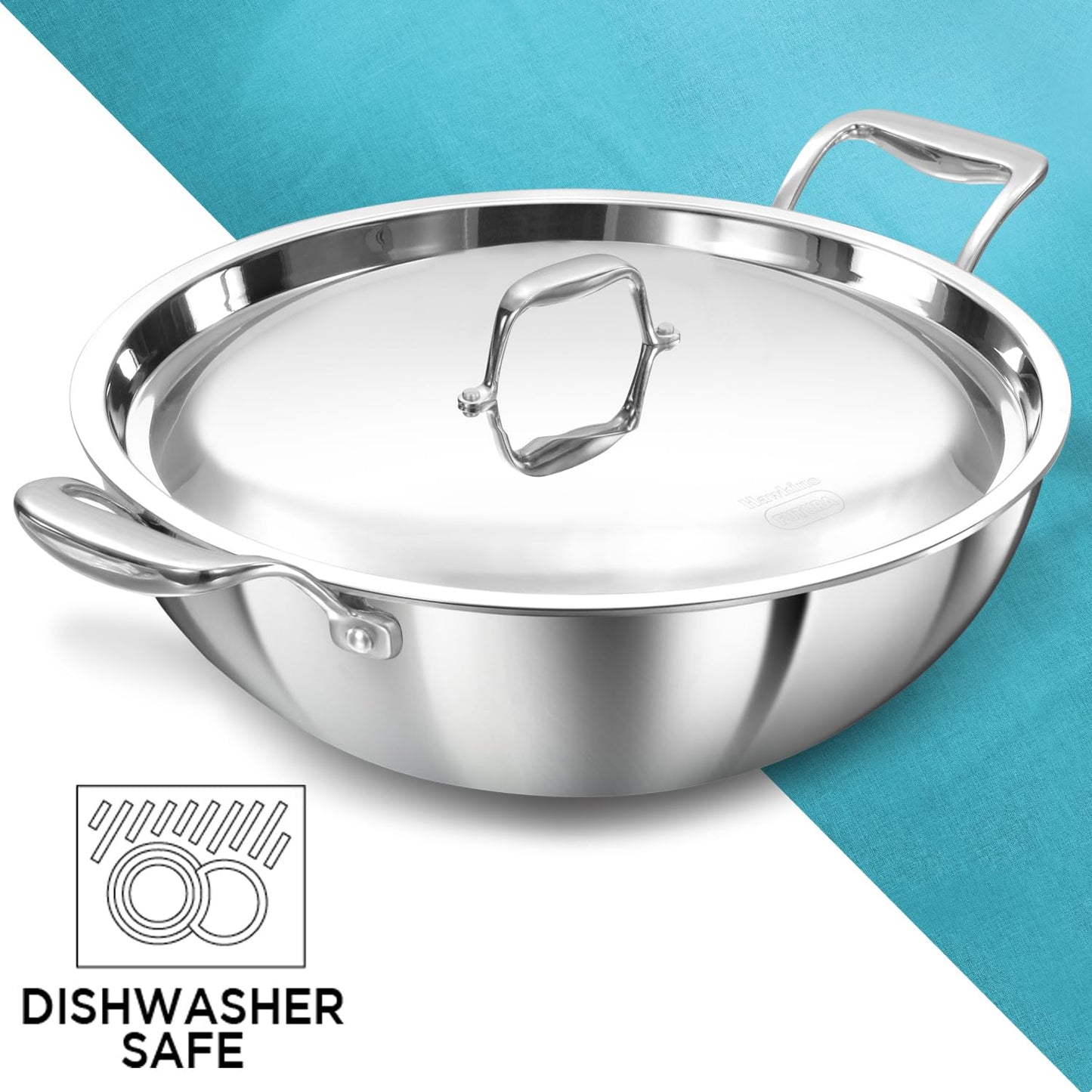 Hawkins Pro 6 Litre Deep-Fry Pan, Triply Stainless Steel Kadhai with Stainless Steel Handles and Stainless Steel Lid, Silver (PSK60S)