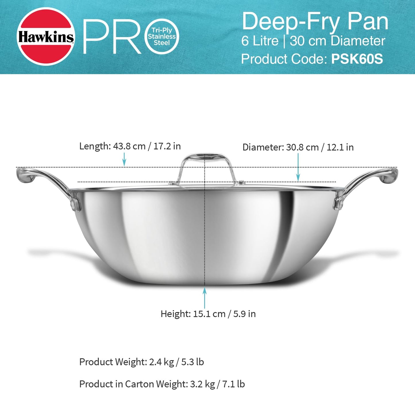 Hawkins Pro 6 Litre Deep-Fry Pan, Triply Stainless Steel Kadhai with Stainless Steel Handles and Stainless Steel Lid, Silver (PSK60S)