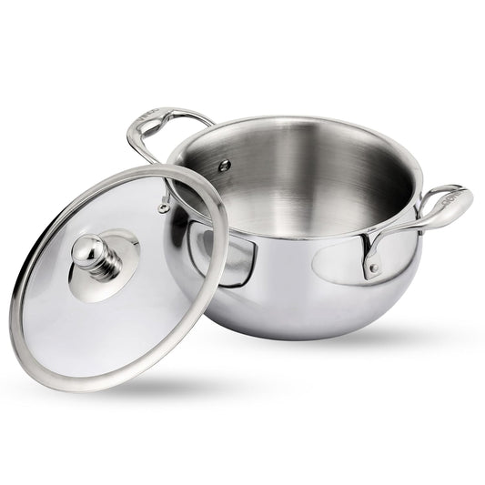 Vinod Belly Shape Platinum Triply Stainless Steel Saucepot - 2 Litre, 16cm | Glass Lid | Biryani Pot | Rivetted Handle | Induction & Gas Base - 5 Year Warranty