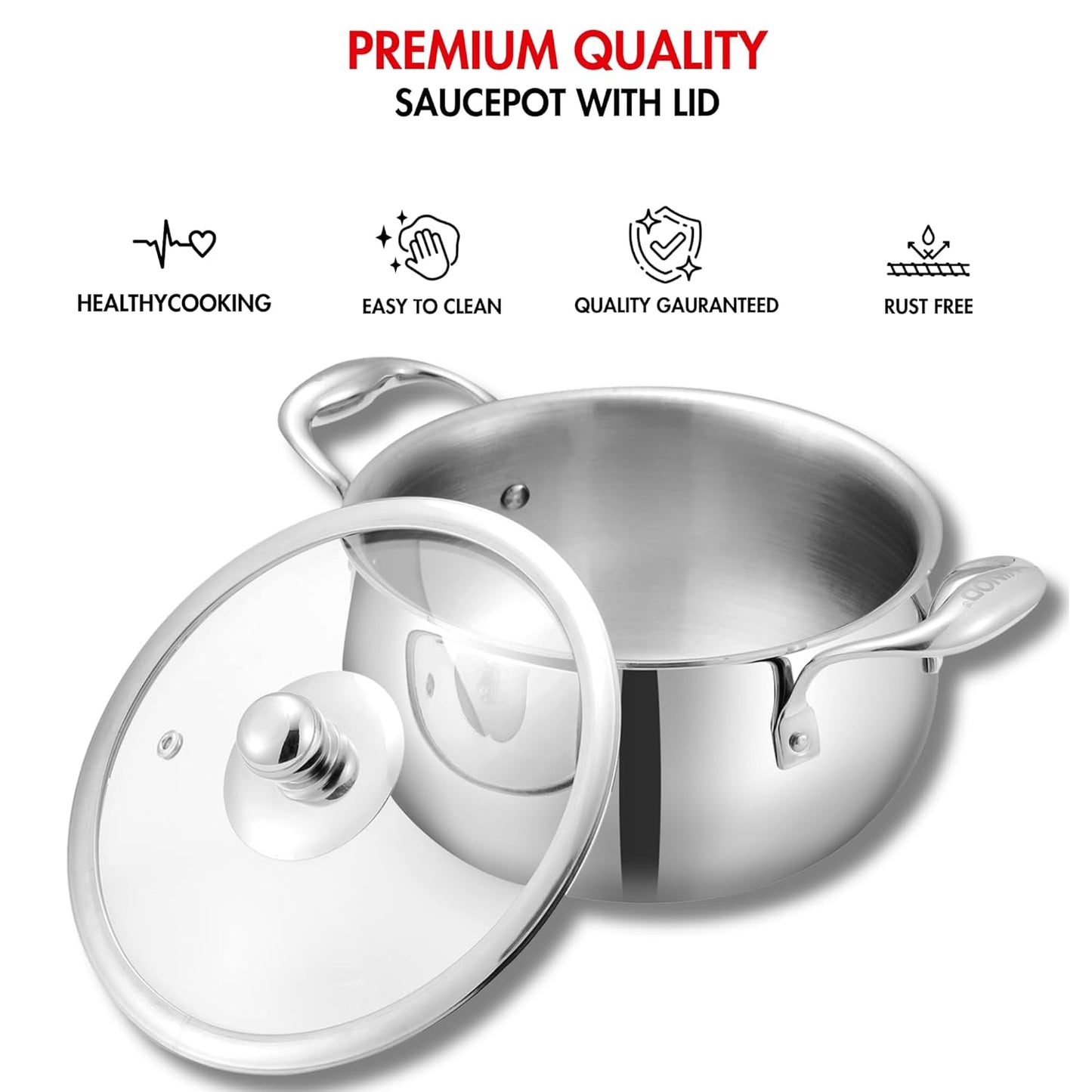 Vinod Belly Shape Platinum Triply Stainless Steel Saucepot - 2 Litre, 16cm | Glass Lid | Biryani Pot | Rivetted Handle | Induction & Gas Base - 5 Year Warranty