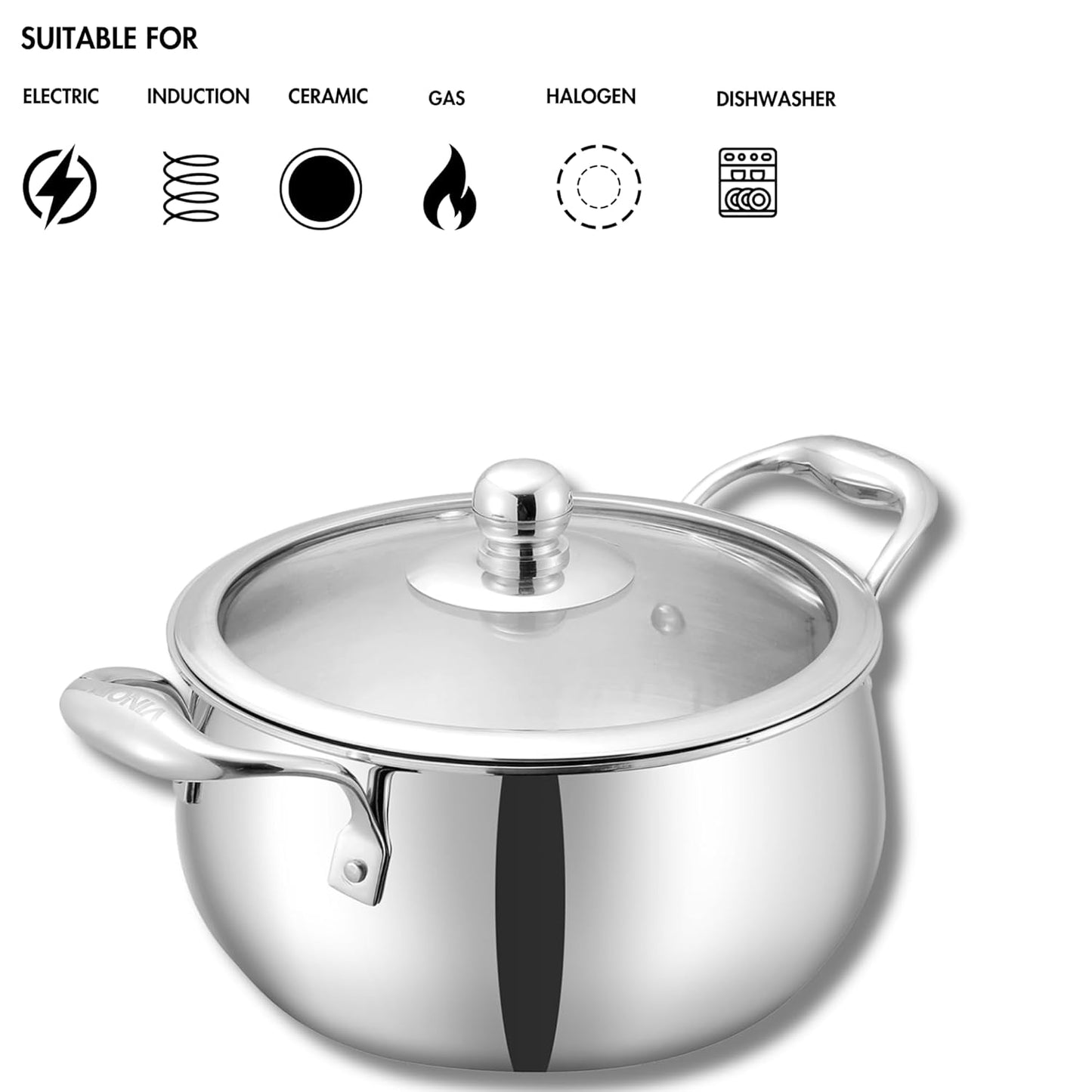 Vinod Belly Shape Platinum Triply Stainless Steel Saucepot - 2 Litre, 16cm | Glass Lid | Biryani Pot | Rivetted Handle | Induction & Gas Base - 5 Year Warranty