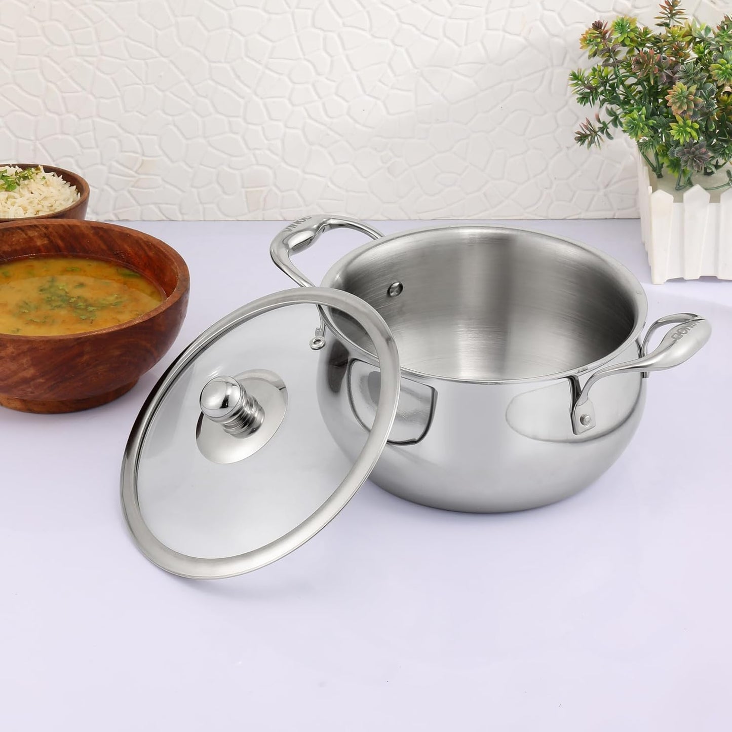 Vinod Belly Shape Platinum Triply Stainless Steel Saucepot - 2 Litre, 16cm | Glass Lid | Biryani Pot | Rivetted Handle | Induction & Gas Base - 5 Year Warranty