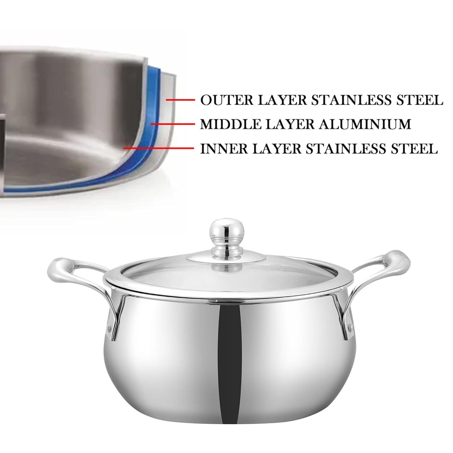 Vinod Belly Shape Platinum Triply Stainless Steel Saucepot - 2 Litre, 16cm | Glass Lid | Biryani Pot | Rivetted Handle | Induction & Gas Base - 5 Year Warranty