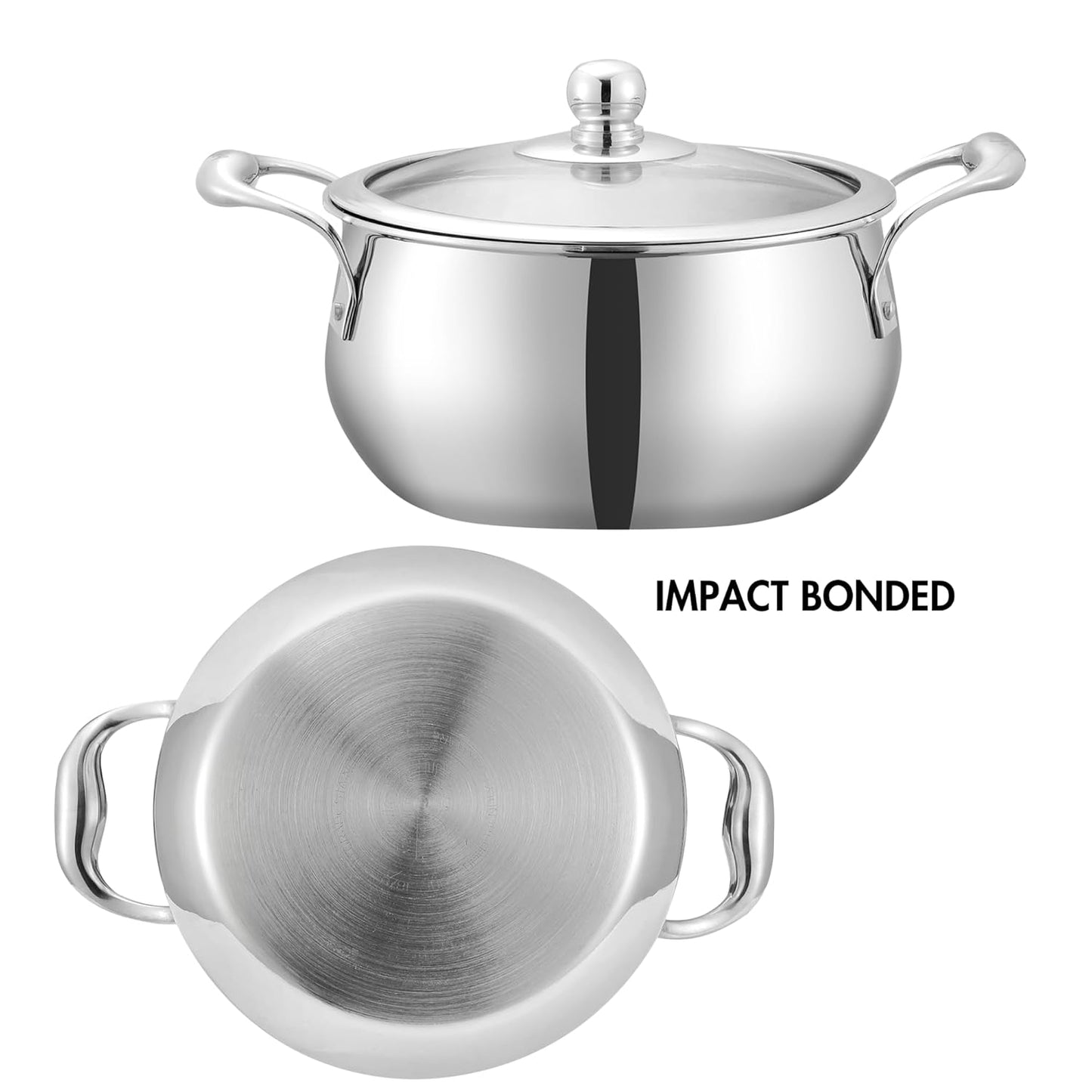 Vinod Belly Shape Platinum Triply Stainless Steel Saucepot - 2 Litre, 16cm | Glass Lid | Biryani Pot | Rivetted Handle | Induction & Gas Base - 5 Year Warranty