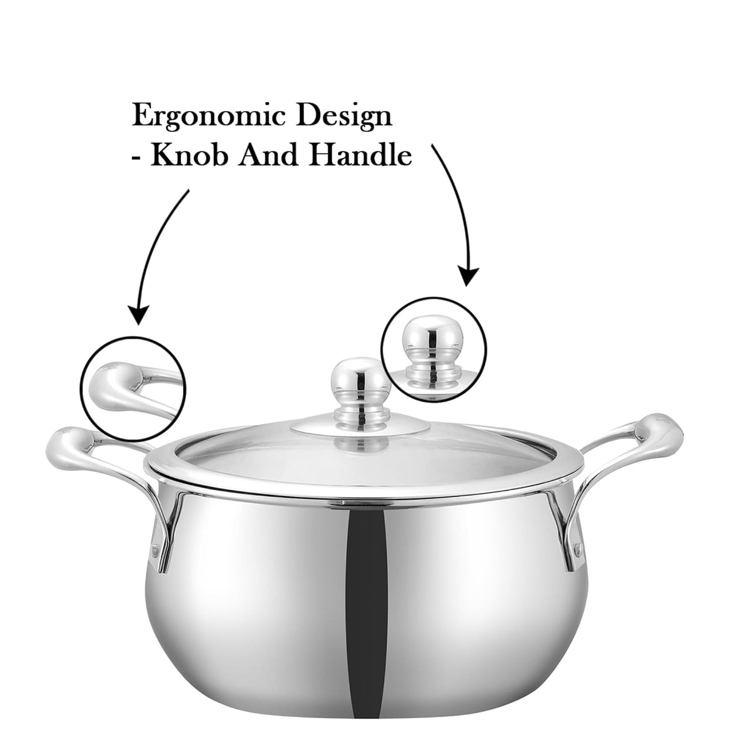 Vinod Belly Shape Platinum Triply Stainless Steel Saucepot - 2 Litre, 16cm | Glass Lid | Biryani Pot | Rivetted Handle | Induction & Gas Base - 5 Year Warranty