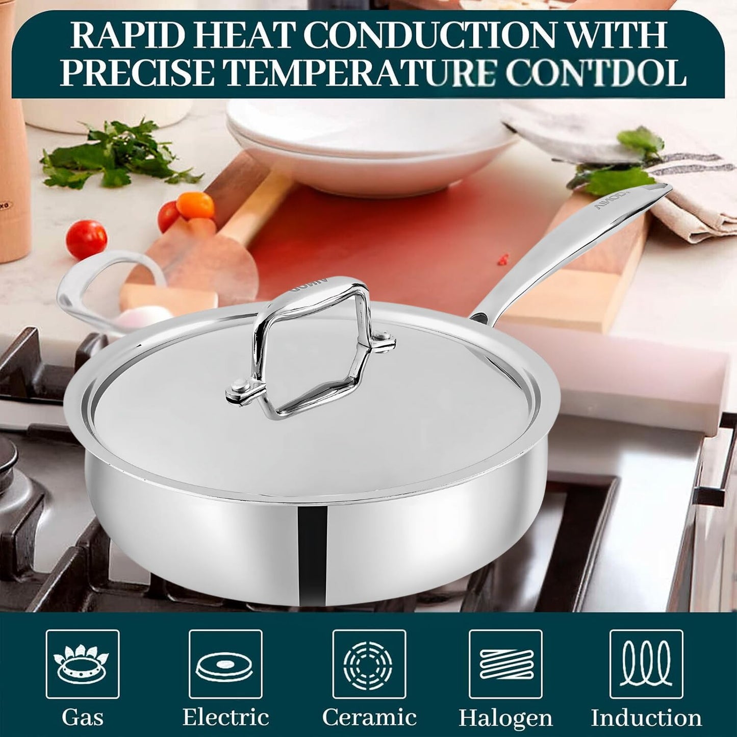 Vinod Platinum Triply Stainless Steel Sautepan with Lid - 2.6 Litre, 24 cm | for Curry/Stir-Fry/Deep-Fry/Sauté/Roast | Induction and Gas Base | 5 Year Warranty - Silver