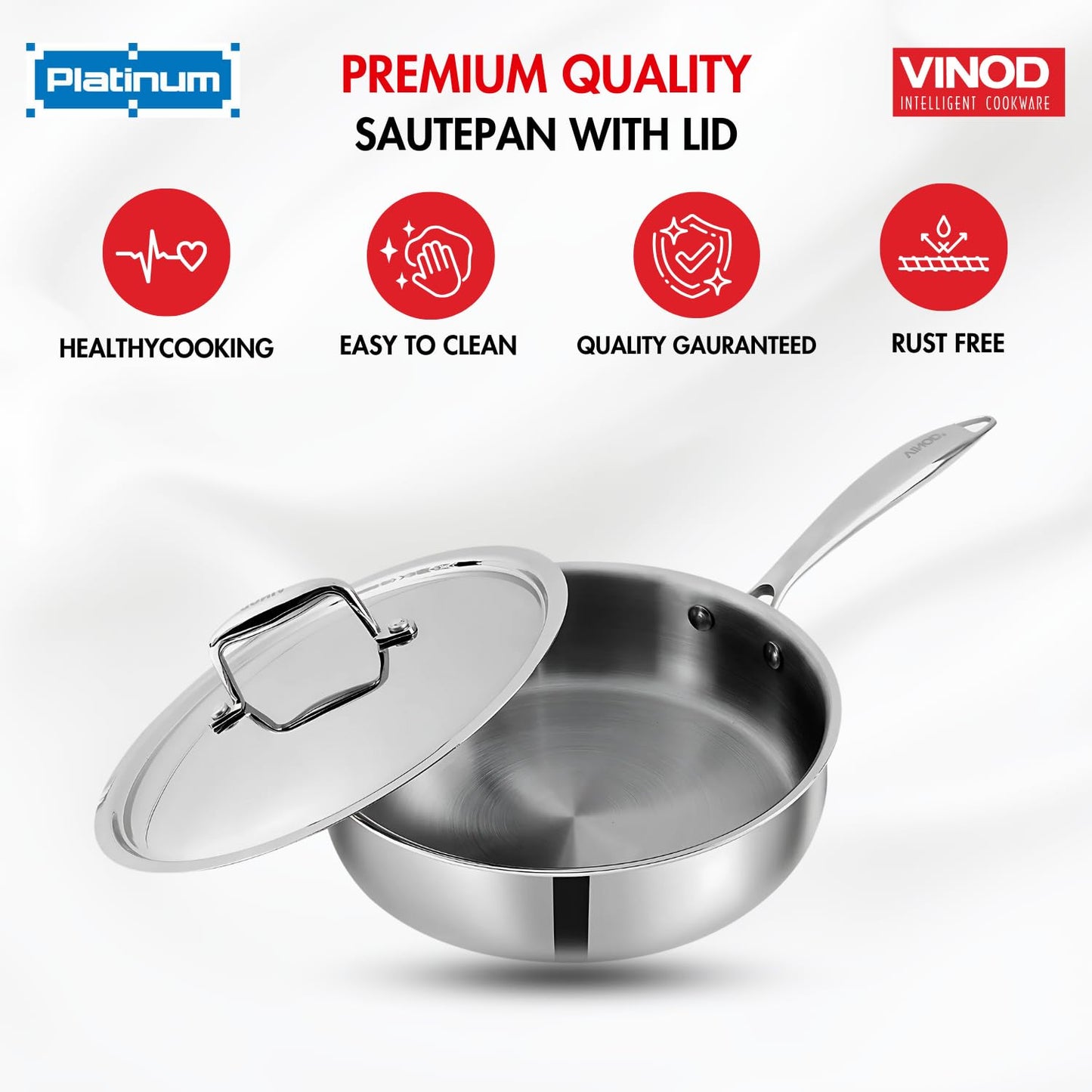 Vinod Platinum Triply Stainless Steel Sautepan with Lid - 2.6 Litre, 24 cm | for Curry/Stir-Fry/Deep-Fry/Sauté/Roast | Induction and Gas Base | 5 Year Warranty - Silver