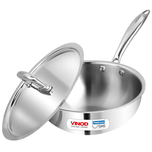 Vinod Platinum Triply Stainless Steel Frypan| Deep Skillet Pan with Lid | Rivetted Study Handle | Induction & Gas Base - Silver