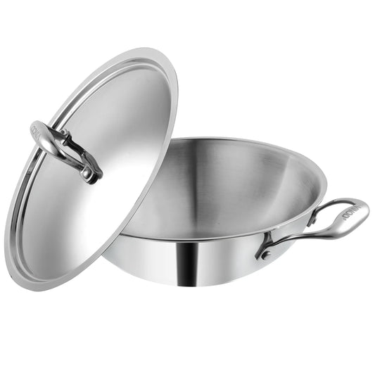 Vinod Platinum Triply Stainless Steel Kadai with Lid | 2.5 mm Thick | Triply Kadai with Heavy Bottom | Induction Friendly Triply Stainless Steel Cookware Kadhai |