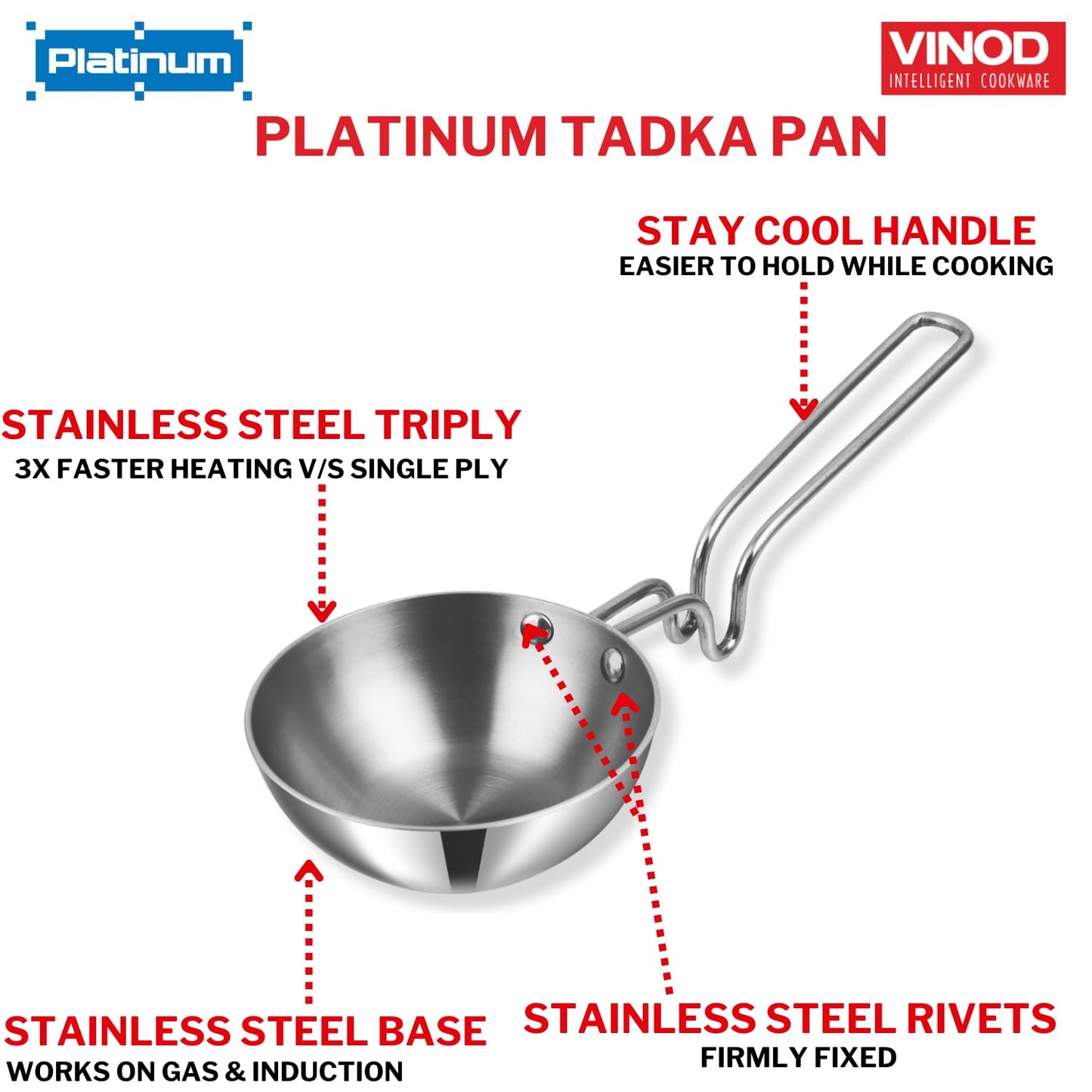 Vinod Triply Stainless Steel Tadka Pan, Balance Design Handle, Vagar Pan for Spice Tempering/Seasoning, Chauk Tadka Pan Induction Base - 5 Year Warranty